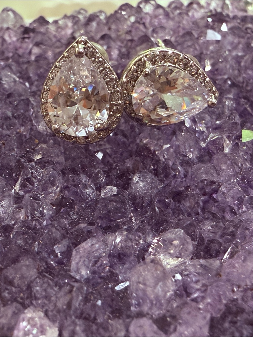 Clear Teardrop Halo Stud Earrings - rhodium plated 925 silver with triple ACZ